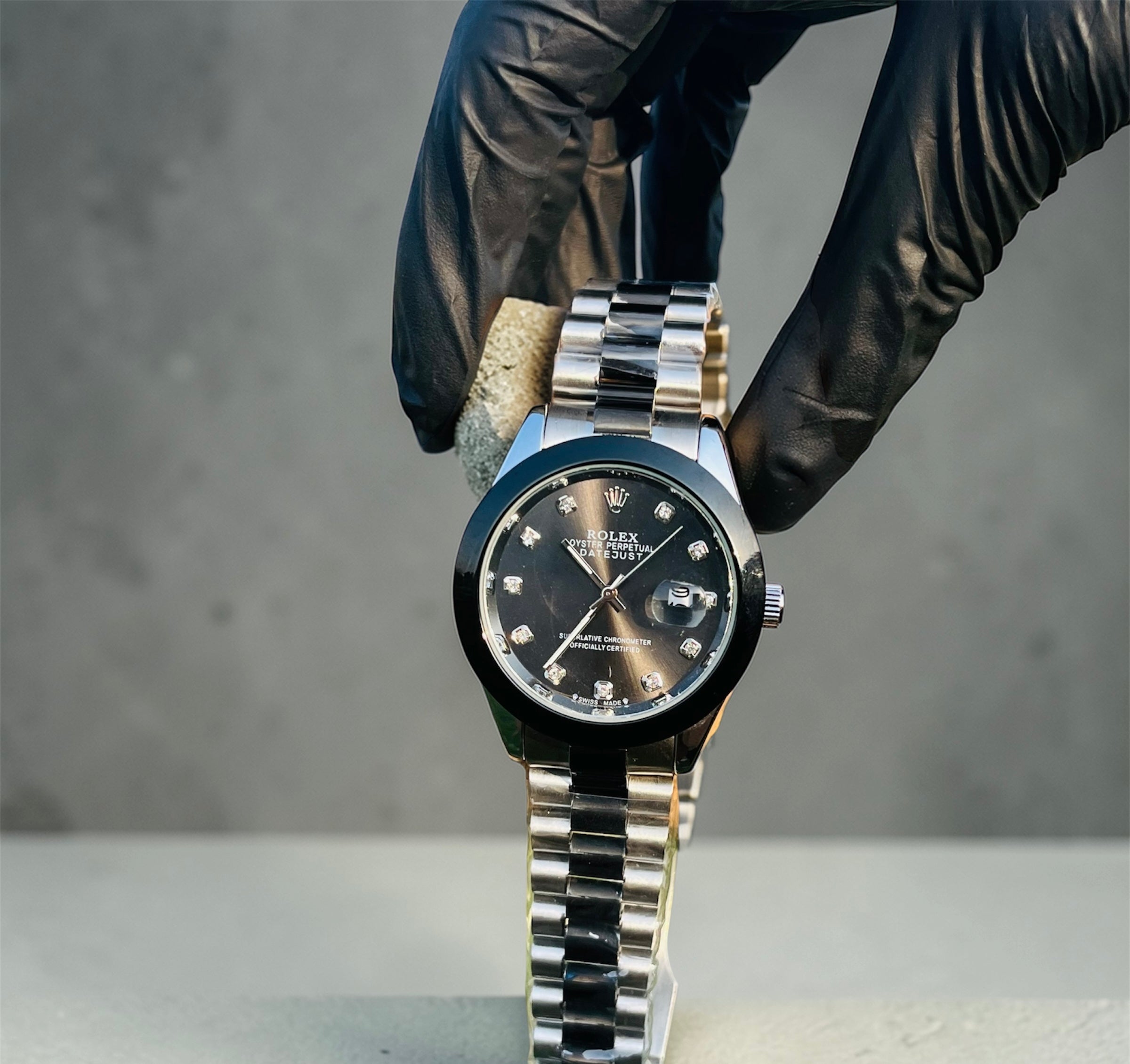 Rolex Date-Just Black Bezel & Diamond Accents