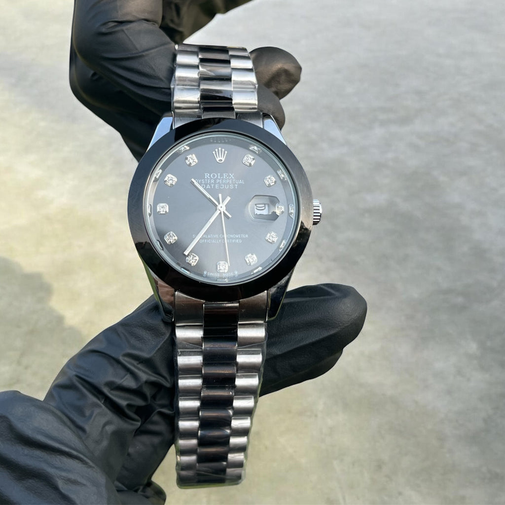 Rolex Date-Just Black Bezel & Diamond Accents