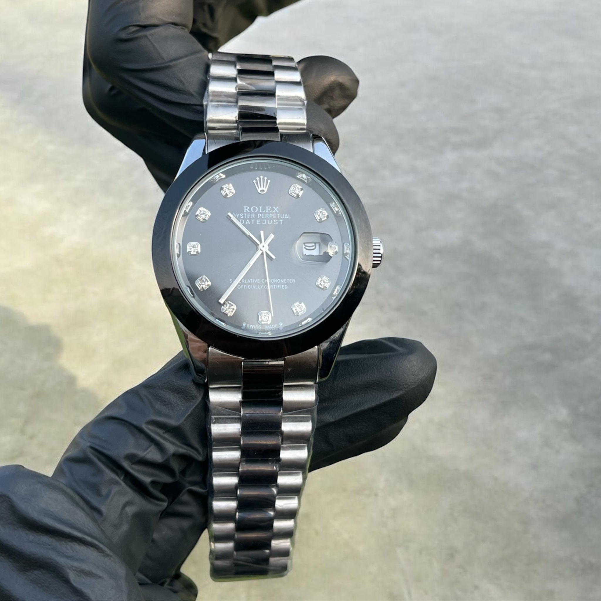 Rolex Date-Just Black Bezel & Diamond Accents